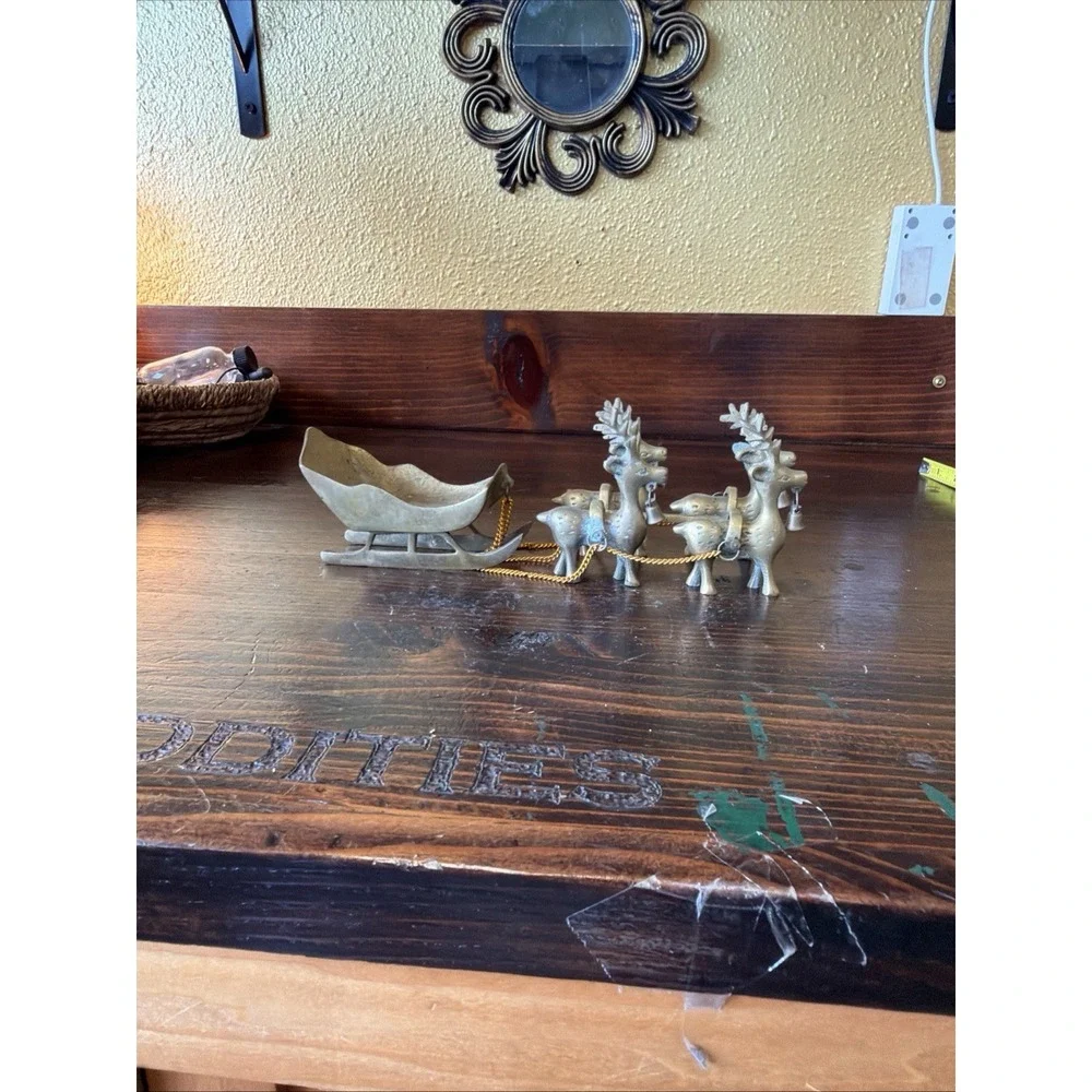 Vintage Brass Reindeer and Sleigh Christmas Centerpiece Holiday Decor